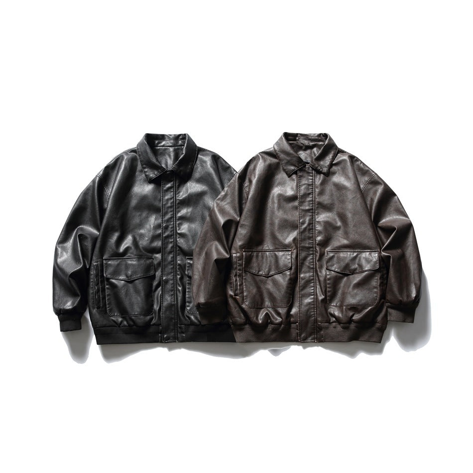 Loose Lapels Motorcycle Leather Jacket Retro Rub Colored PU Leather Jacket For Men